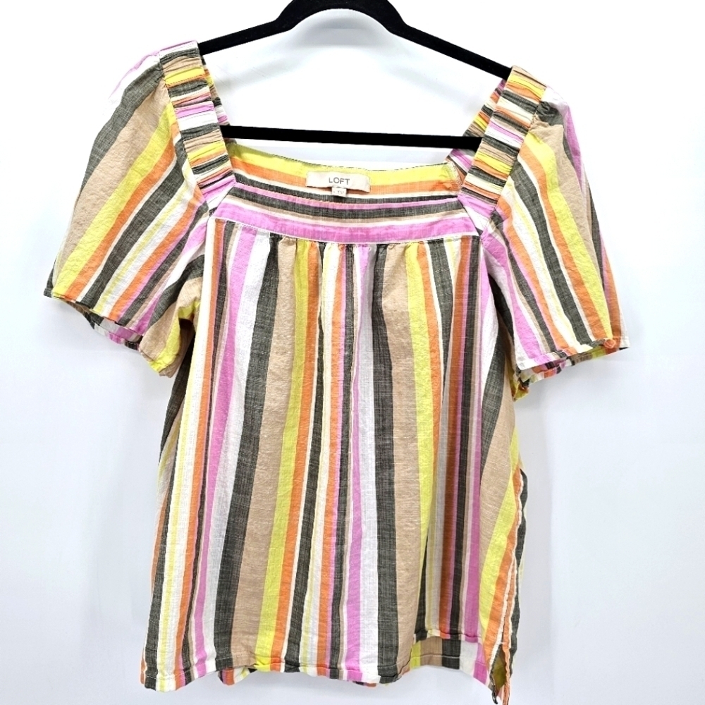 Loft Stripe Flutter Sleeve Square Neck Breathable Cotton Top Womens Size Large
